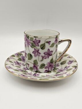 Vintage Lefton China Violet Chintz Demitasse Cup Saucer Set 2120 Purple Gold Tri